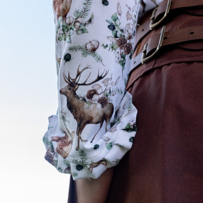 Model wearing Deer Print Rudford Top cuff detail close up 
